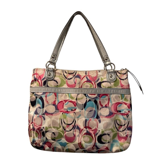 Coach Purse Y2K Poppy Ikat Multi Signature Shoulder Silver Trim Pink Blue 19876 - Picture 1 of 9
